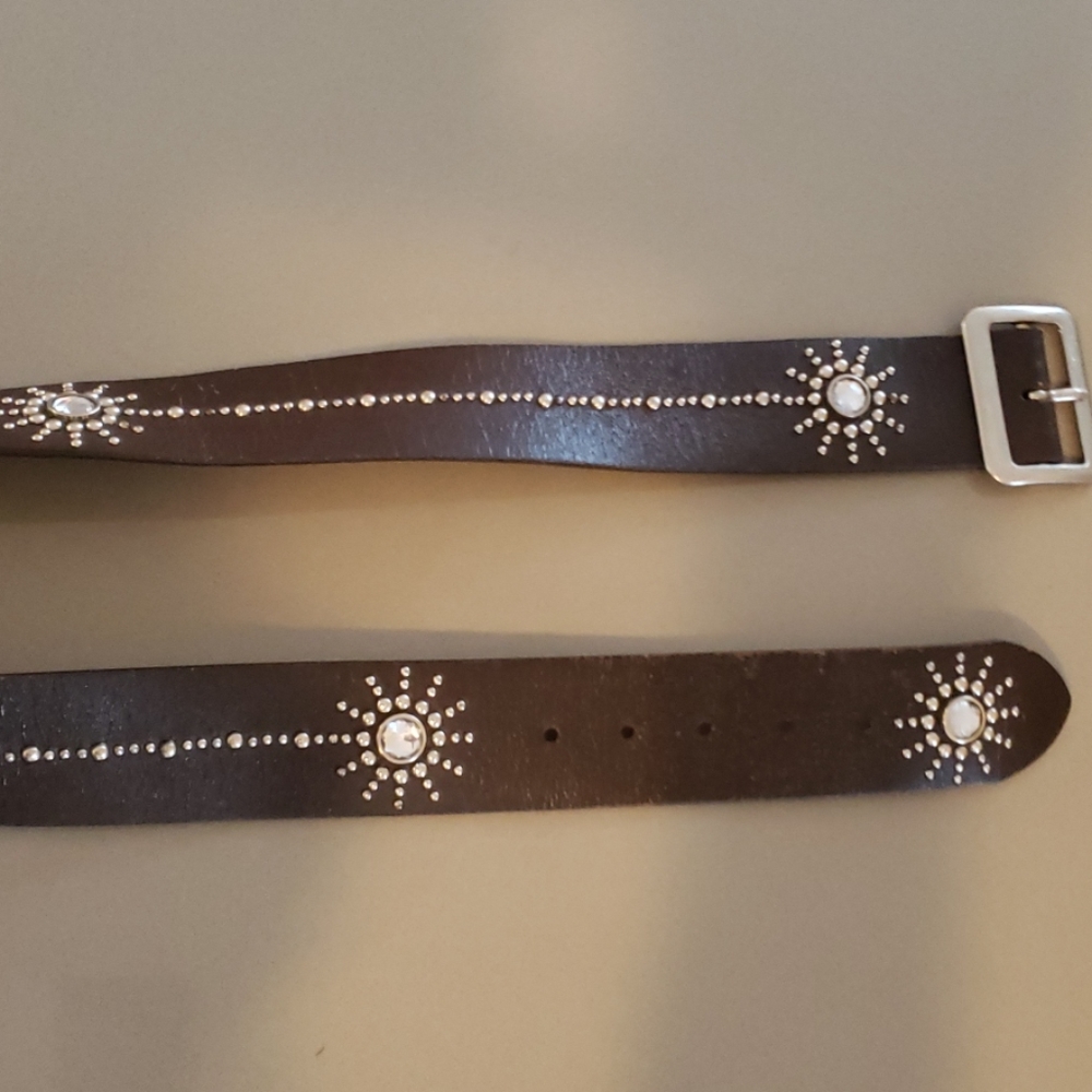 Brown leather belt with silver and crystal accents